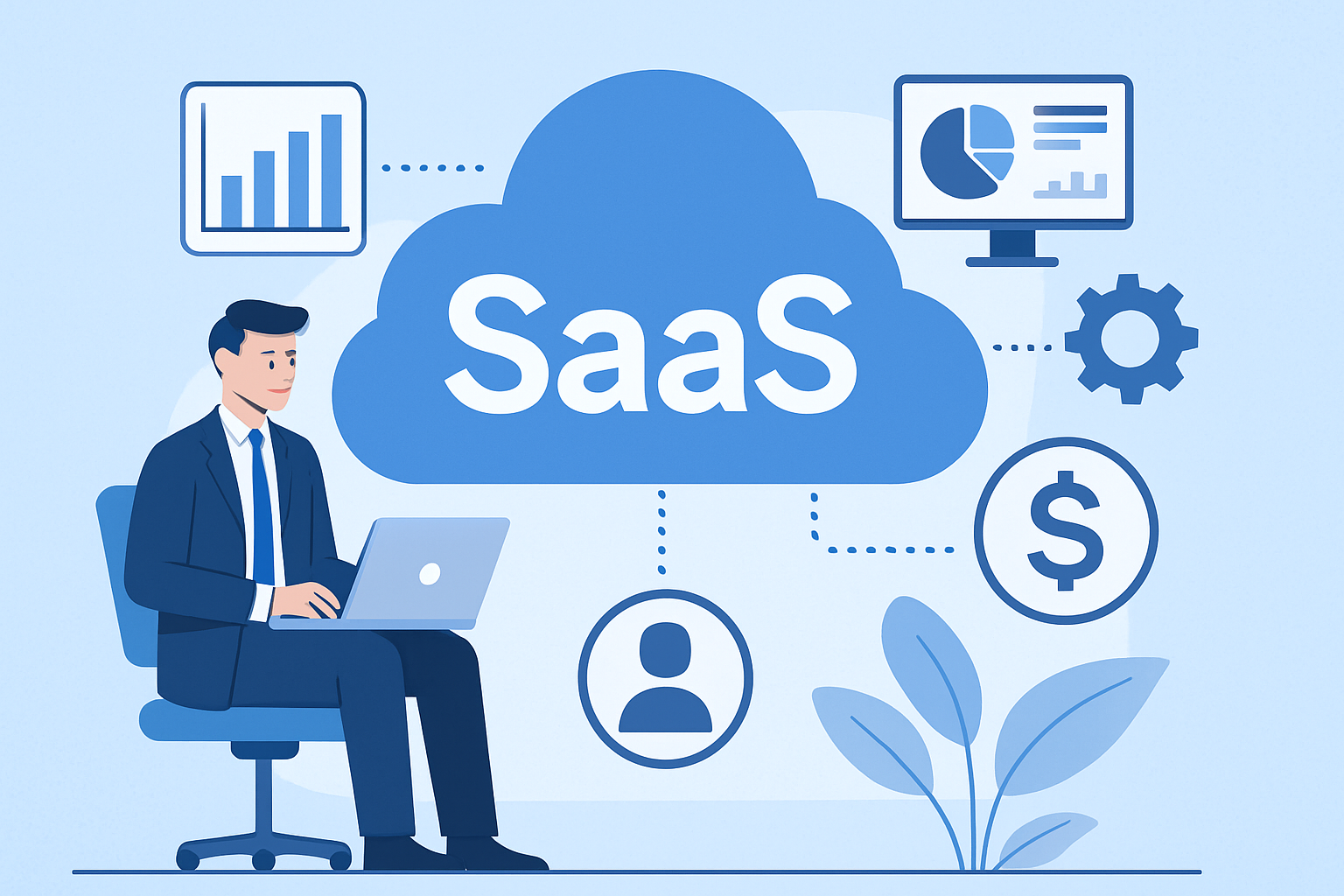 ノートPCで働く営業マンとSaaSクラウドを示すアイコンのイラスト（SaaS営業のやりがい解説）