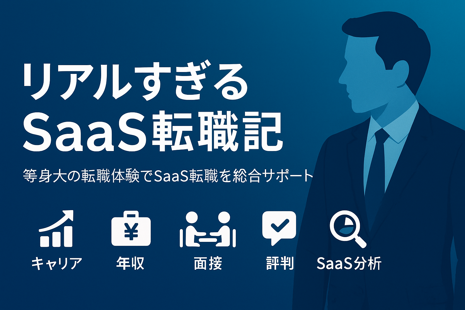 リアルすぎるSaaS転職記ヘッダー画像｜SaaS転職ブログのタイトルとビジネスマン・5つのアイコン（キャリア・年収・面接・評判・SaaS分析）