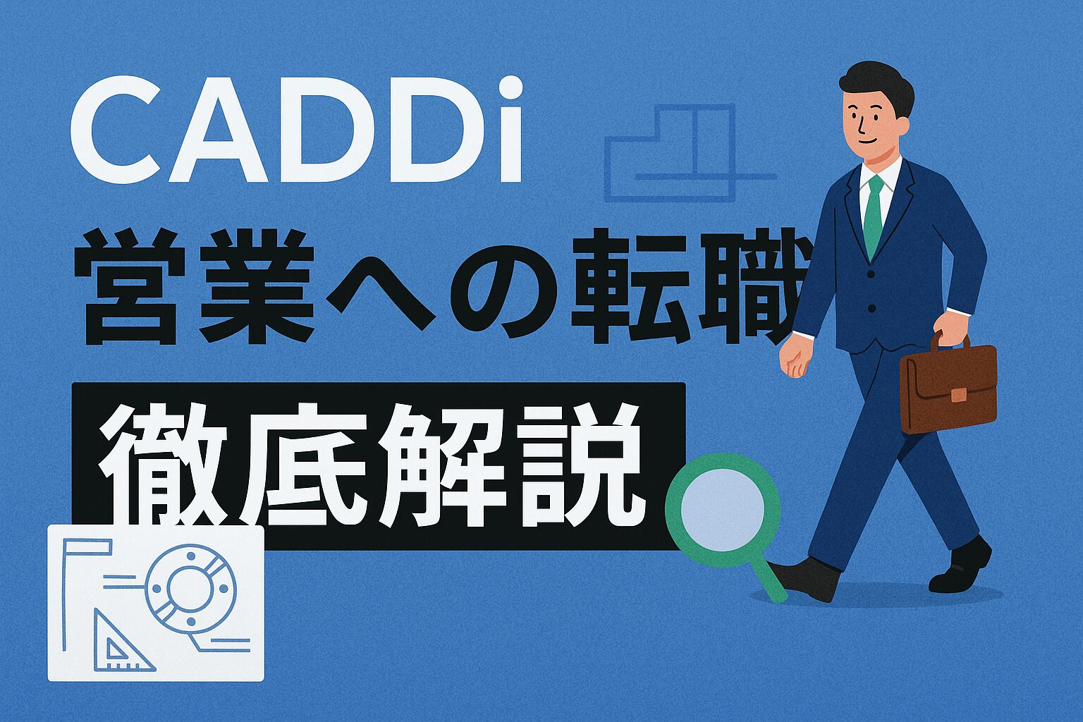 「CADDi（キャディ）の営業職転職ガイド」用アイキャッチ画像。図面のイラストとスーツ姿の人物が描かれ、SaaS転職や製造業DXを象徴するビジュアル。
