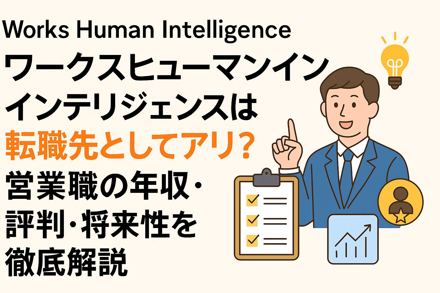`Works Human Intelligence（WHI）の転職記事用アイキャッチ画像。スーツ姿の男性イラスト、チェックリスト、成長グラフ、人物アイコン、電球アイコンを配置し、「WHIは転職先としてアリ？営業職の年収・評判・将来性を徹底解説」の日本語テキストを掲載した横長デザイン。`