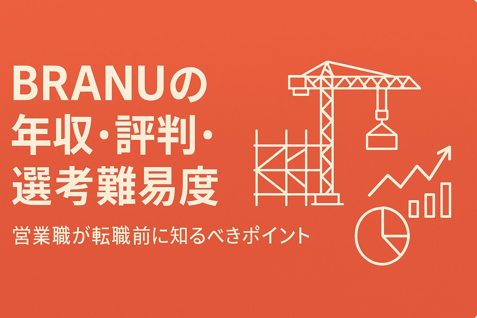 BRANUの年収・評判・選考難易度を示す赤系横長アイキャッチ画像（建設クレーンとグラフ入り）