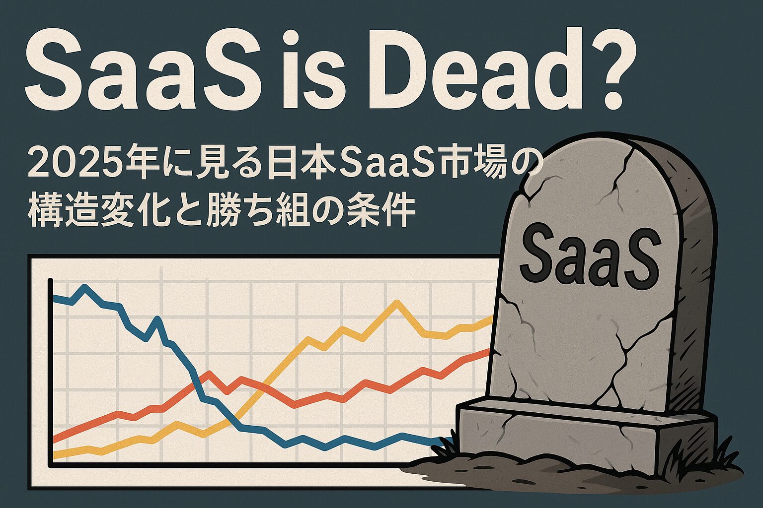 「SaaS is Dead？」という見出しと、日本SaaS市場の構造変化と勝ち組の条件を伝える2025年のニュースまとめを示すアイキャッチ画像。墓石と折れ線グラフが描かれ、SaaS業界の変化を象徴。