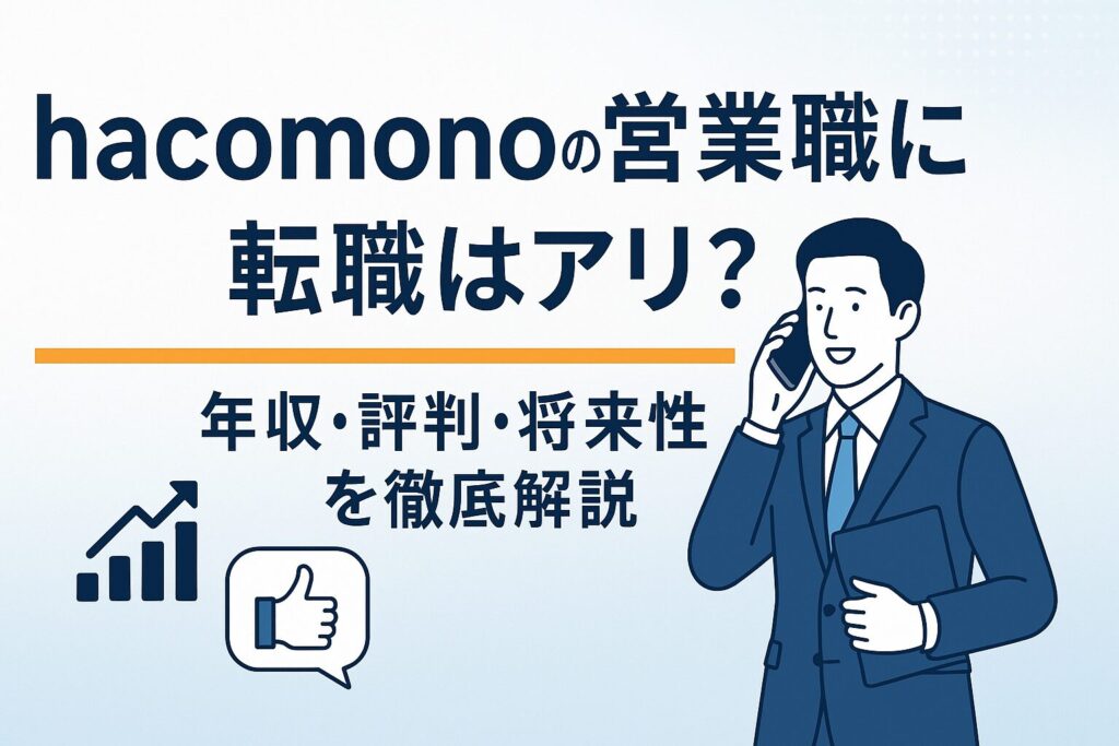 「hacomonoの営業職に転職はアリ？年収・評判・将来性を徹底解説｜SaaS業界でのキャリア形成を目指す営業職向けに、hacomonoの転職情報を紹介するビジネス系横長アイキャッチ画像