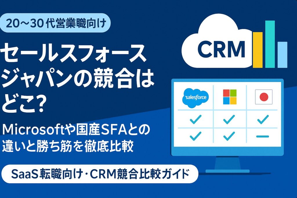 セールスフォースジャパンの競合比較アイキャッチ｜20〜30代営業職向け・Microsoftや国産SFAとの違いと勝ち筋を解説するSaaS転職用バナー