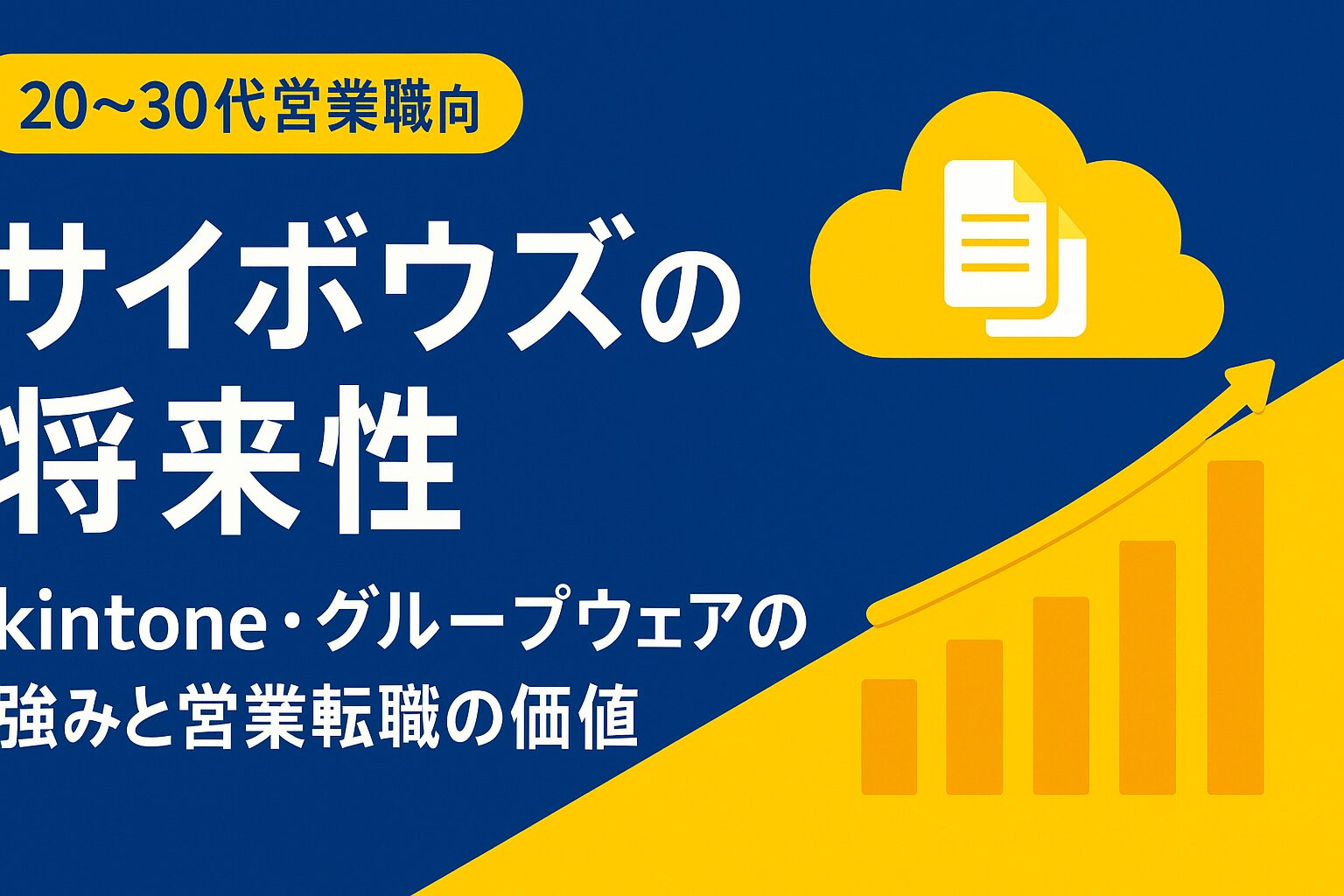サイボウズの将来性とkintone・グループウェアの強みを解説するSaaS転職ブログ用アイキャッチ画像（kintoneイエローを使った背景とクラウド＆グラフのフラットイラスト）