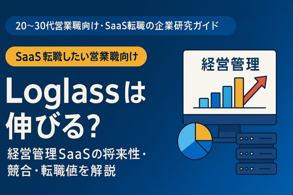 Loglassは伸びる？経営管理SaaSの将来性・競合・転職価値を解説する記事用アイキャッチ画像。左側にタイトルと「20〜30代営業職向け・SaaS転職の企業研究ガイド」の副題、黄色のタグ「SaaS転職したい営業職向け」。右側に「経営管理」と表示されたモニターとグラフ・サーバーのフラット2Dイラストが描かれた横長デザイン。