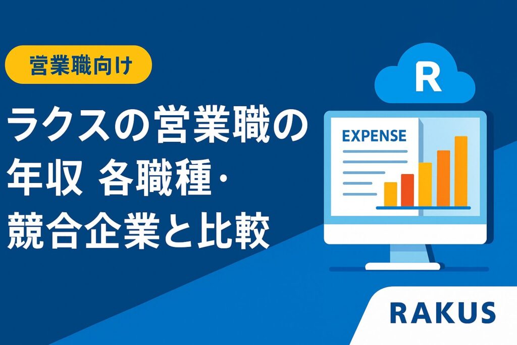 「ラクスの年収は高い？営業職（IS・FS・CS）別レンジと競合SaaS比較を解説する記事用アイキャッチ画像。濃紺の背景左側に日本語タイトルとサブコピー、右側に上向きグラフと円マークのコインのフラットイラストが配置されたSaaS風デザイン。」
