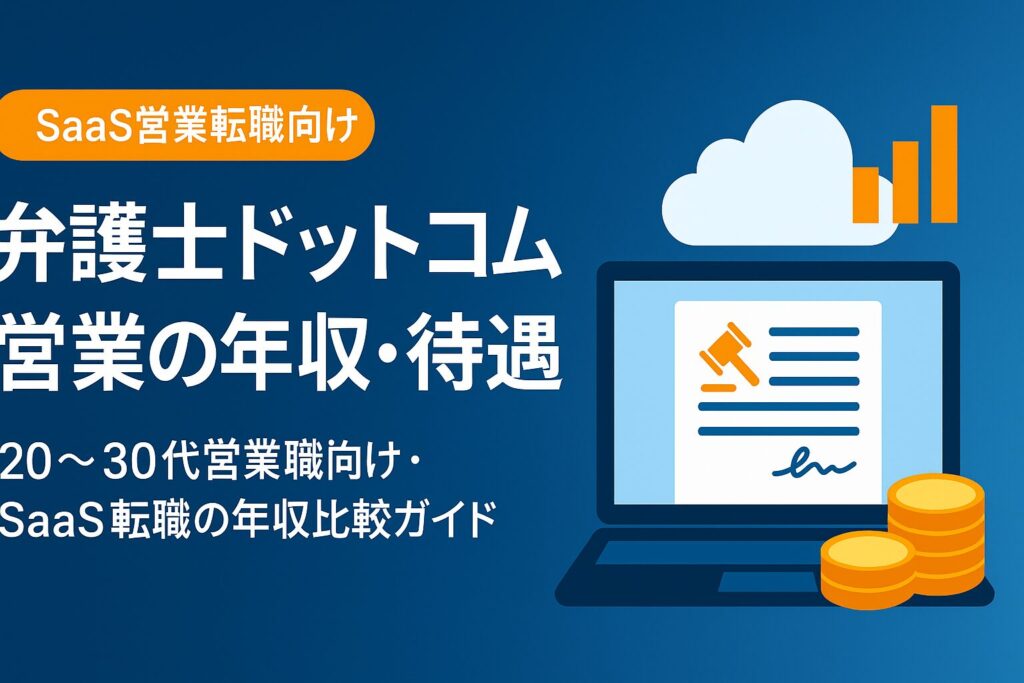 弁護士ドットコム営業の年収・待遇を解説するSaaS転職向け記事のアイキャッチ画像。青系グラデーション背景に「弁護士ドットコム 営業の年収・待遇」「20〜30代営業職向け・SaaS転職の年収比較ガイド」のテキストと、クラウド上の契約書とコインのフラットイラストが描かれている。