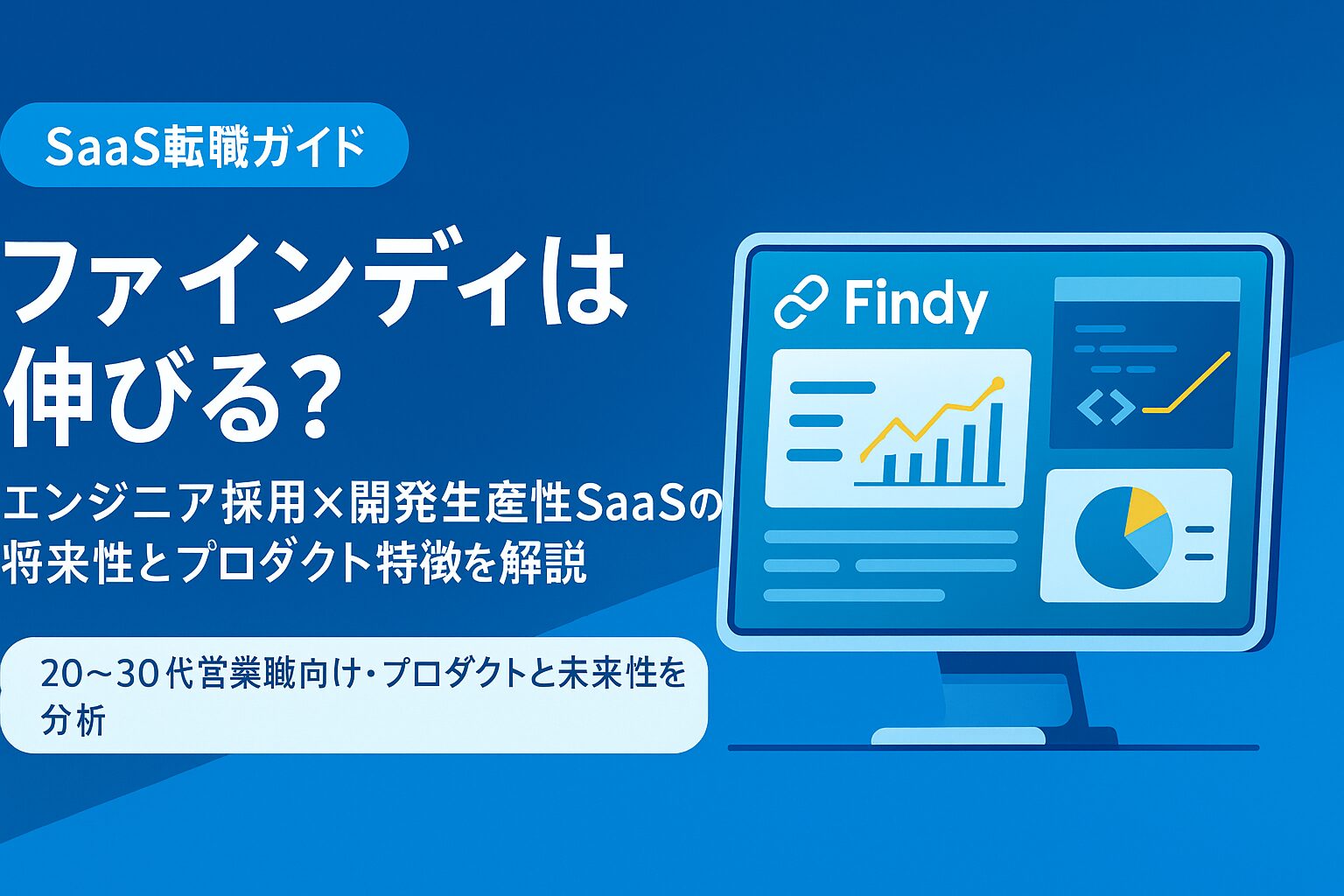 ファインディは伸びる?エンジニア採用×開発生産性SaaSの将来性とプロダクト特徴を解説する記事用アイキャッチ画像。左側にタイトル・副題・「SaaS転職ガイド」タグ、右側にダッシュボードやグラフが表示されたモニターのフラットイラスト。