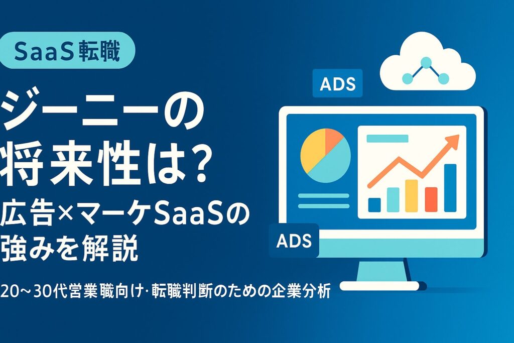 ジーニーの将来性と広告×マーケティングSaaSの強みを解説する記事用アイキャッチ画像（SaaS転職タグとダッシュボード風イラスト入り）