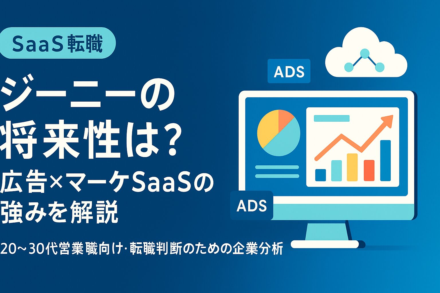 ジーニーの将来性と広告×マーケティングSaaSの強みを解説する記事用アイキャッチ画像（SaaS転職タグとダッシュボード風イラスト入り）
