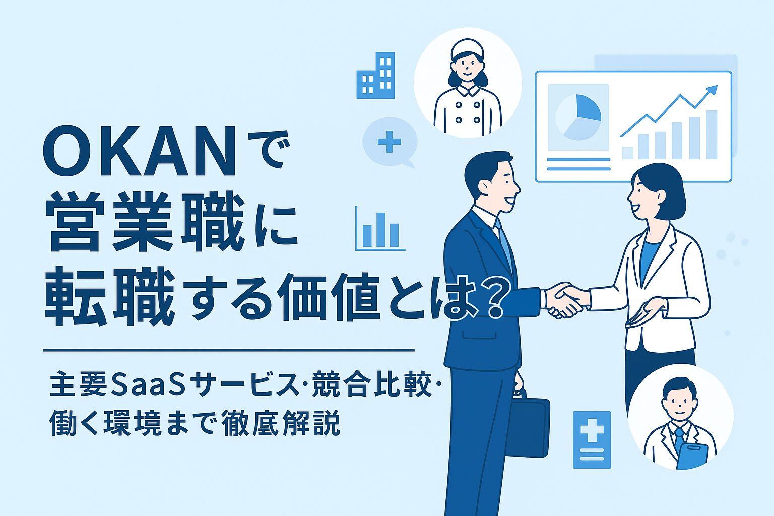 OKAN（オカン）の営業職転職ガイド。主要SaaSサービス「オフィスおかん」「ハタラクカルテ」の紹介と、競合比較・働く環境をまとめたアイキャッチ画像。ビジネスオフィスを背景に、チームワークとグラフのイラストが配置されたSaaS風デザイン。