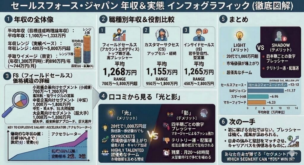 セールスフォース・ジャパンの年収＆実態に関する徹底図解インフォグラフィック。平均年収は1,100万〜1,333万円、レンジは400万〜5,800万円超、手取り目安は約890万円/年。職種別平均年収とレンジは、フィールドセールス1,268万円（700万〜5,800万円超）、カスタマーサクセス1,155万円（950万〜1,800万円）、インサイドセールス1,265万円（450万〜2,800万円）。フィールドセールスの価格構造として、小規模（700万〜1,200万円）、中堅（1,000万〜1,800万円）、超大手（1,500万〜3,000万円超）のセグメント別目安を記載。目標達成率100%以降で変動給が2倍・3倍になる「アクセラレーター」が特徴。口コミによる「光」（20代で1,000万円超など）と「影」（数字プレッシャー、残業など）の対比や、SAP、スマートHR、マネーフォワードとの競合比較グラフも掲載。