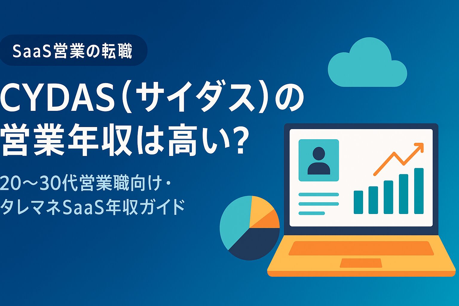 CYDAS(サイダス)の営業年収は高いのかを解説する記事のアイキャッチ画像。左側にタイトルと「20〜30代営業職向け・タレマネSaaS年収ガイド」という副題、上部に「SaaS営業の転職」と書かれたタグ。右側には折れ線グラフと棒グラフが表示されたノートPCと円グラフのフラットイラストが配置され、青系グラデーションの背景でSaaSらしいビジネス感を表現している。