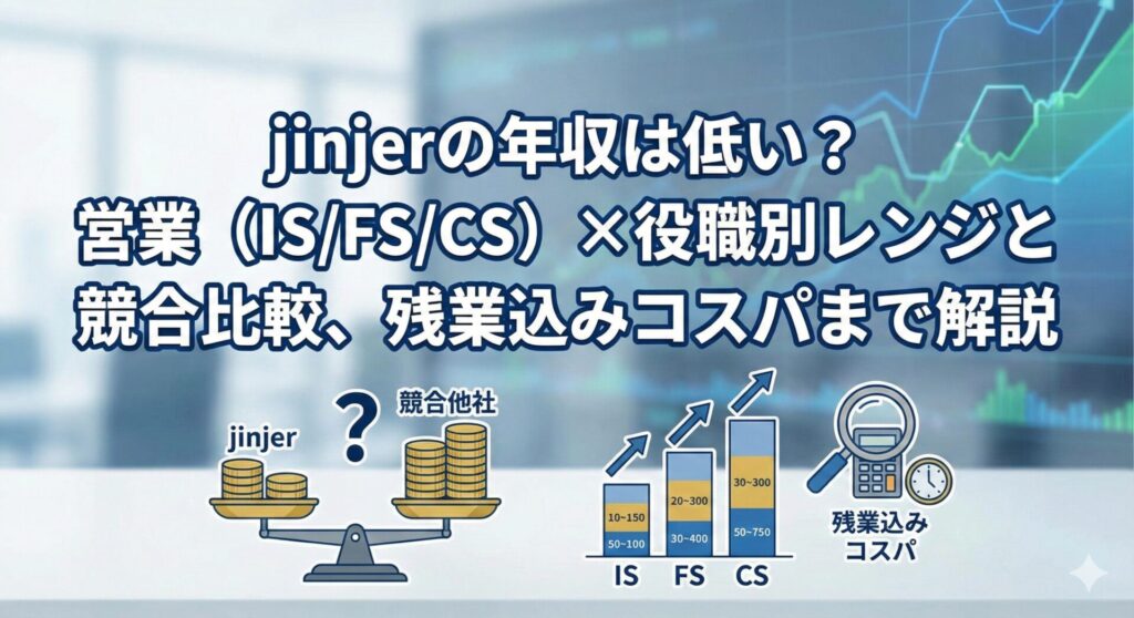 jinjerの年収は高い？営業（IS/FS/CS）×役職別の年収レンジ、OTE・固定残業45h、競合（SmartHR/freee/マネフォ）比較と残業込みコスパを解説。