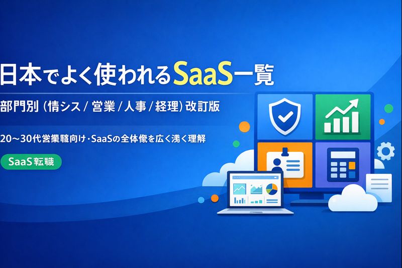 日本でよく使われるSaaS一覧のアイキャッチ画像。部門別（情シス・営業・人事・経理）改訂版として、右側にセキュリティ・売上・人事・経理を示すアイコンとノートPCのイラストを配置し、20〜30代営業職向けにSaaS全体像を広く浅く理解できることを表現。
