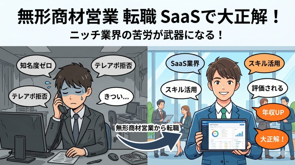 alt="無形商材営業からSaaSへの転職成功を描いたイラスト。上部に「無形商材営業 転職 SaaSで大正解！ ニッチ業界の苦労が武器になる！」の文字。左側は暗いオフィスで「知名度ゼロ」「きつい…」とテレアポに悩む男性、右側は明るいオフィスで「年収UP」「スキル活用」の吹き出しと共に、SaaSのダッシュボードが映るタブレットを笑顔で掲げる男性の対比。"